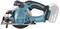 Cordless, blue circular hand saw with a black handle and sharp blade. Perfect for cutting wood or other materials.