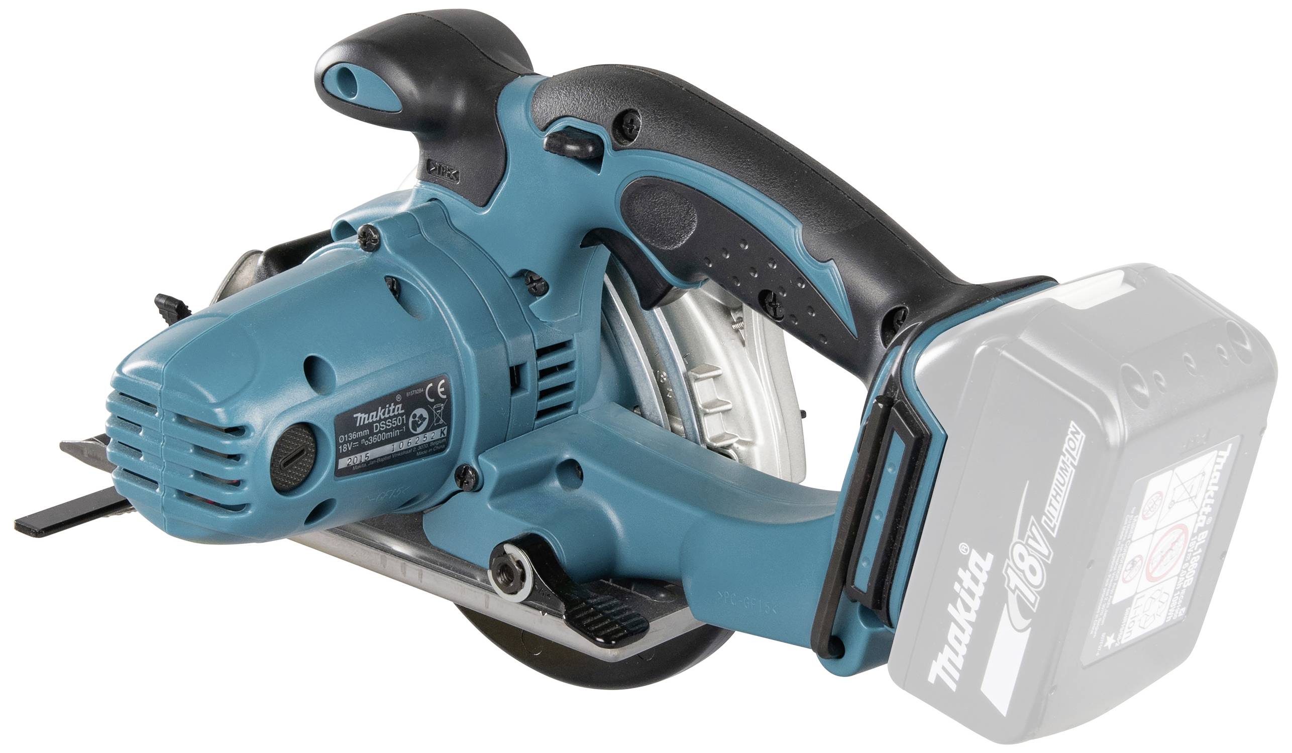 Teal and black battery-powered circular saw, marked with '18V'. Suitable for woodworking, with a compact and portable design.