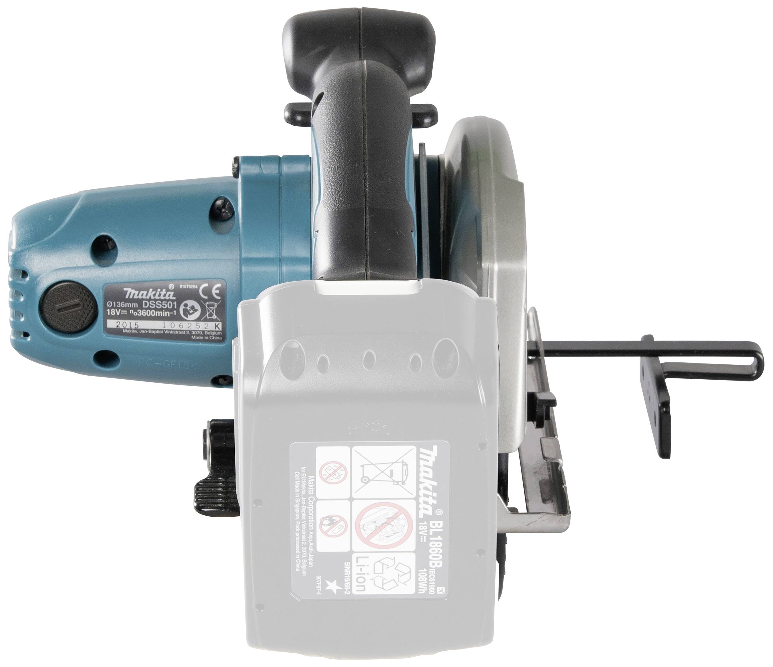 Cordless blue Makita circular saw, viewed from above. The machine is made of metal and plastic, with an ergonomic handle.