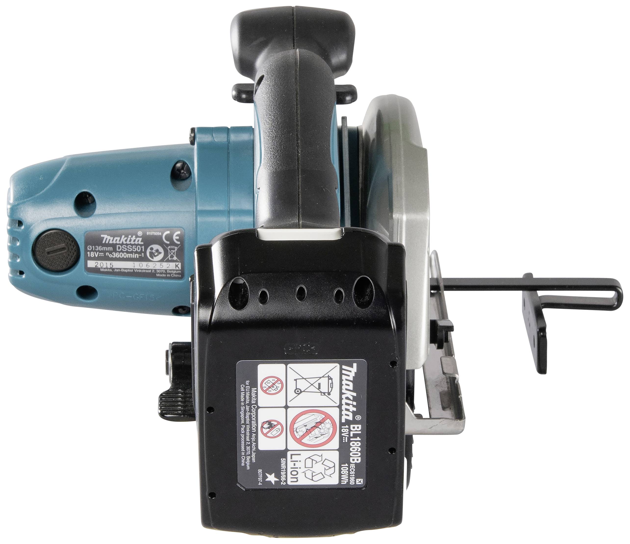 Circular saw viewed from above, blue-black casing with safety instructions and technical data on the back.