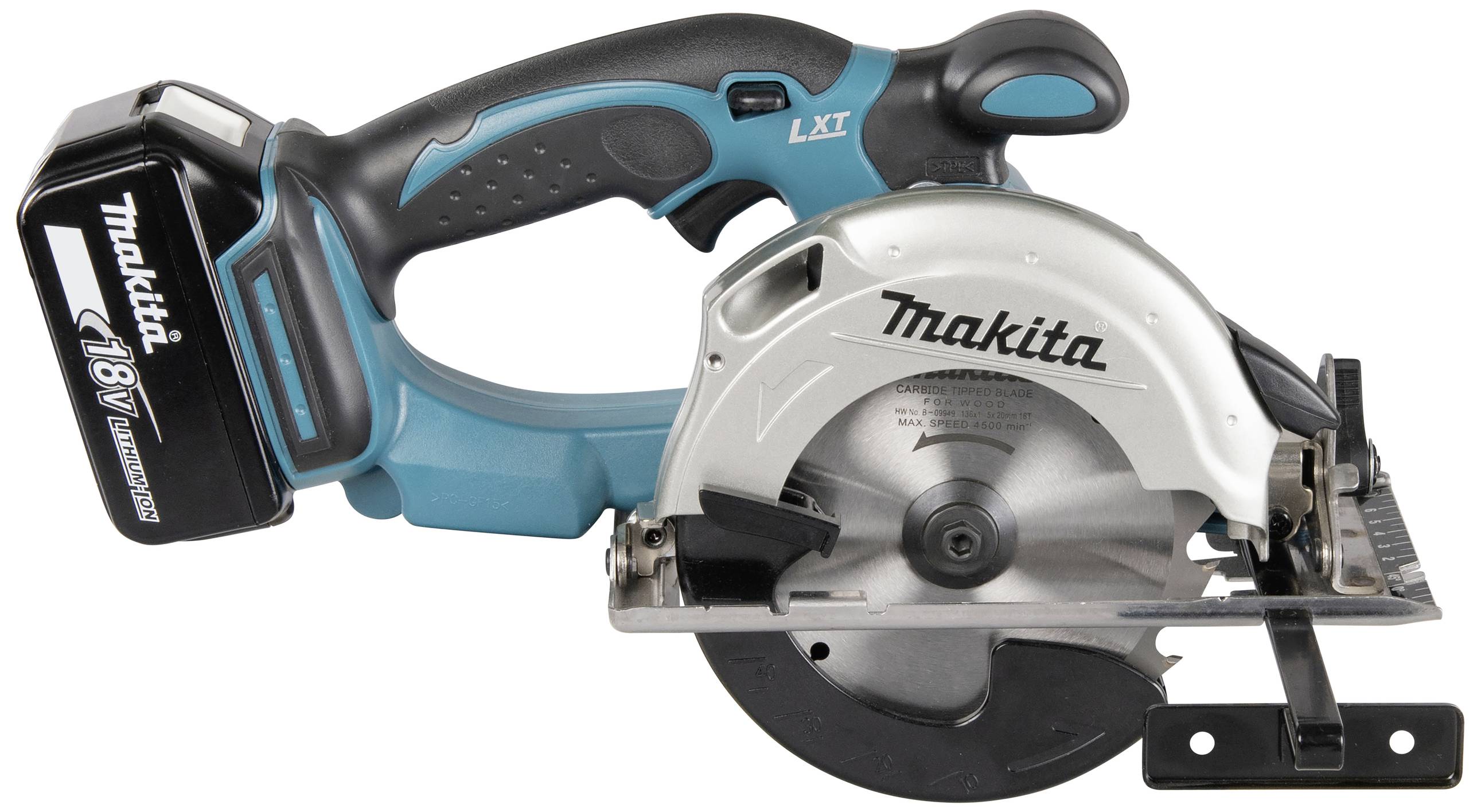 Cordless circular hand saw with blue and black handle, silver saw blade, and battery.