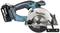 Cordless circular hand saw with blue and black handle, silver saw blade, and battery.