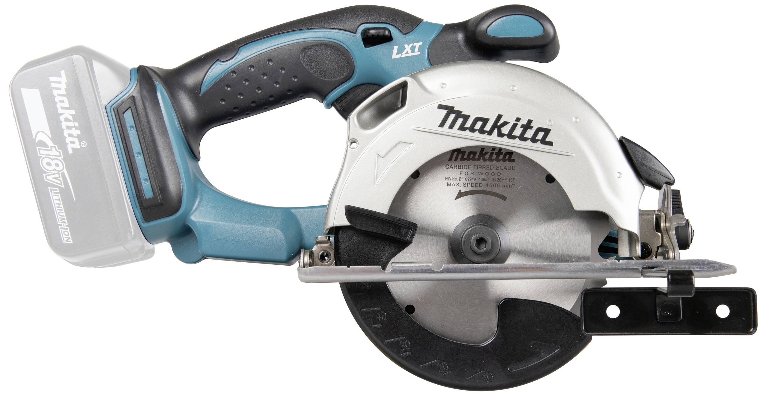 Cordless circular hand saw with a blue handle and silver saw blade, Makita brand. Primarily used for woodworking.