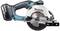 Cordless circular hand saw with blue and black handle, silver saw blade. Suitable for cutting wood and other materials.