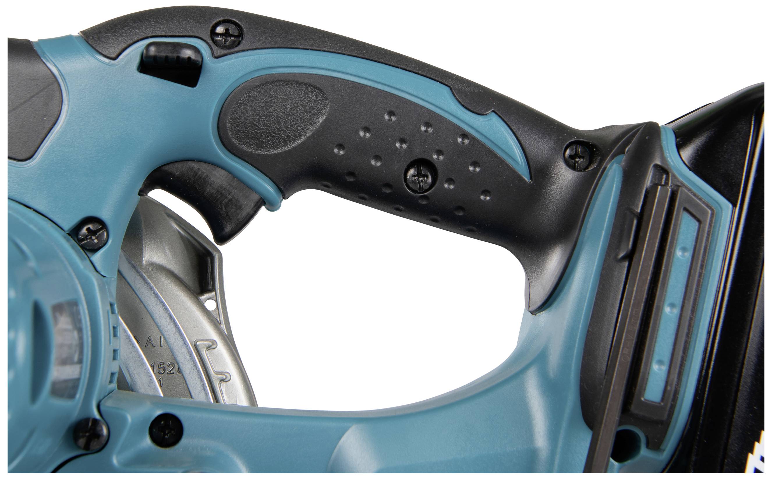 Close-up of the handle of a blue electric saw with black accents and a visible part of the blade.