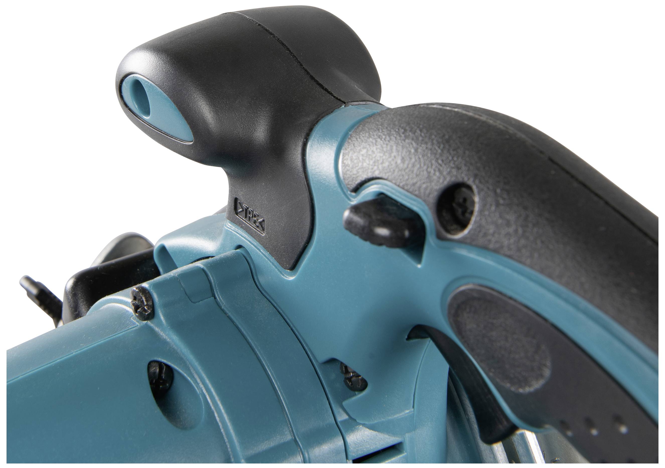 Excerpt of a blue electric tool with an ergonomic black handle, likely a cordless power tool.