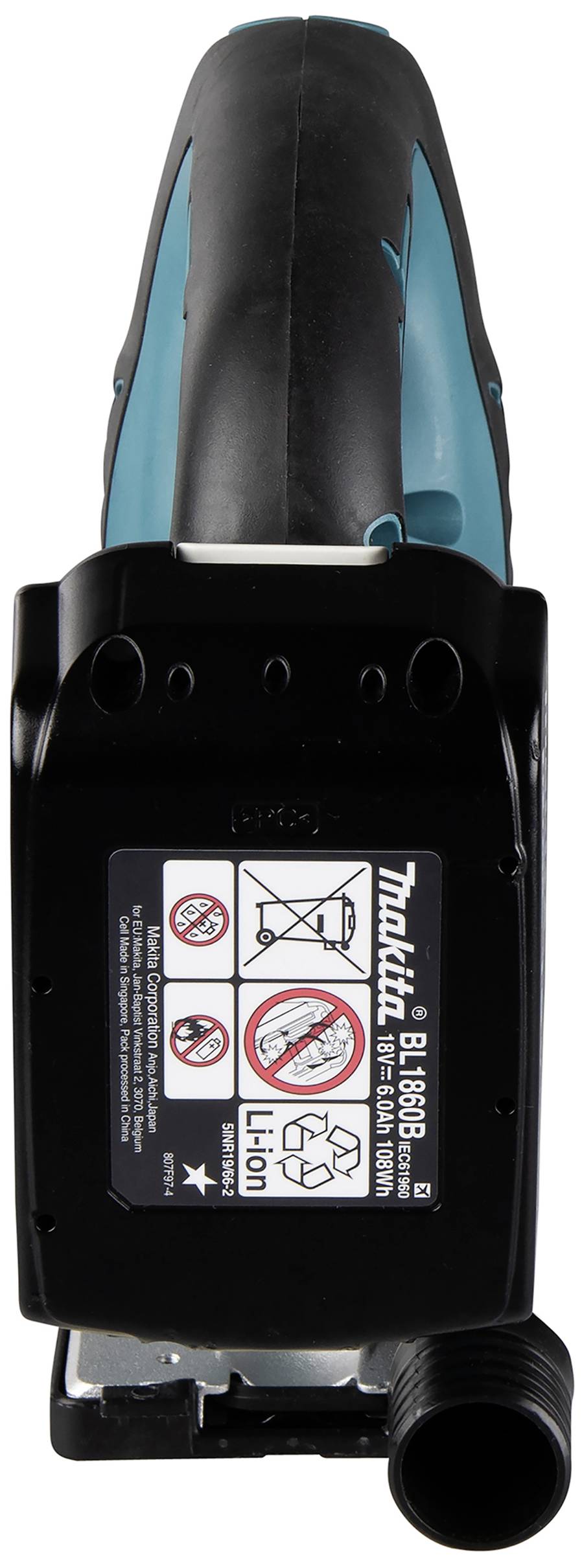 Battery-powered handheld vacuum cleaner from behind, showing label with symbols for safety indications and brand.