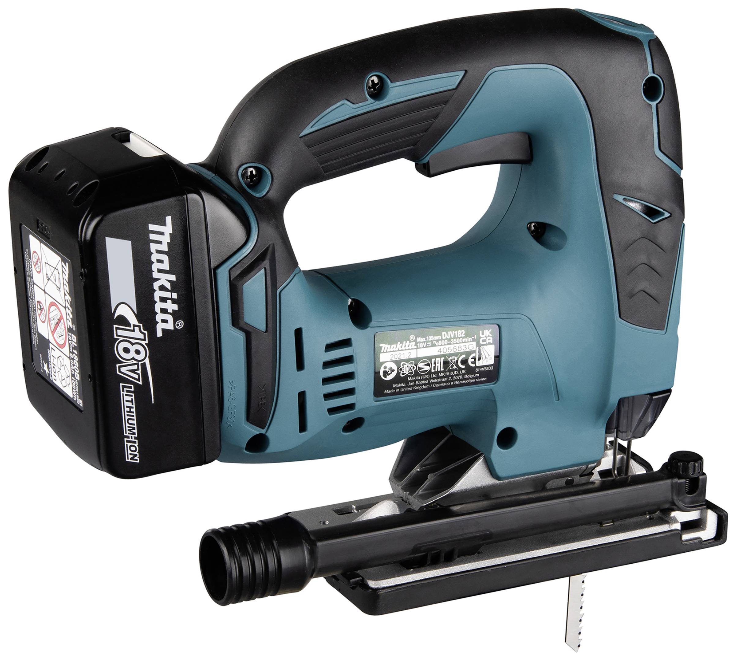 Cordless jigsaw in blue and black, side view, with an 18V battery. It has a black handle and displays operating labels.