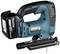 Cordless jigsaw in blue and black, side view, with an 18V battery. It has a black handle and displays operating labels.