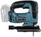 Cordless jigsaw in blue with a black handle presented. Battery suggested to the side. Model: Makita DJV182.