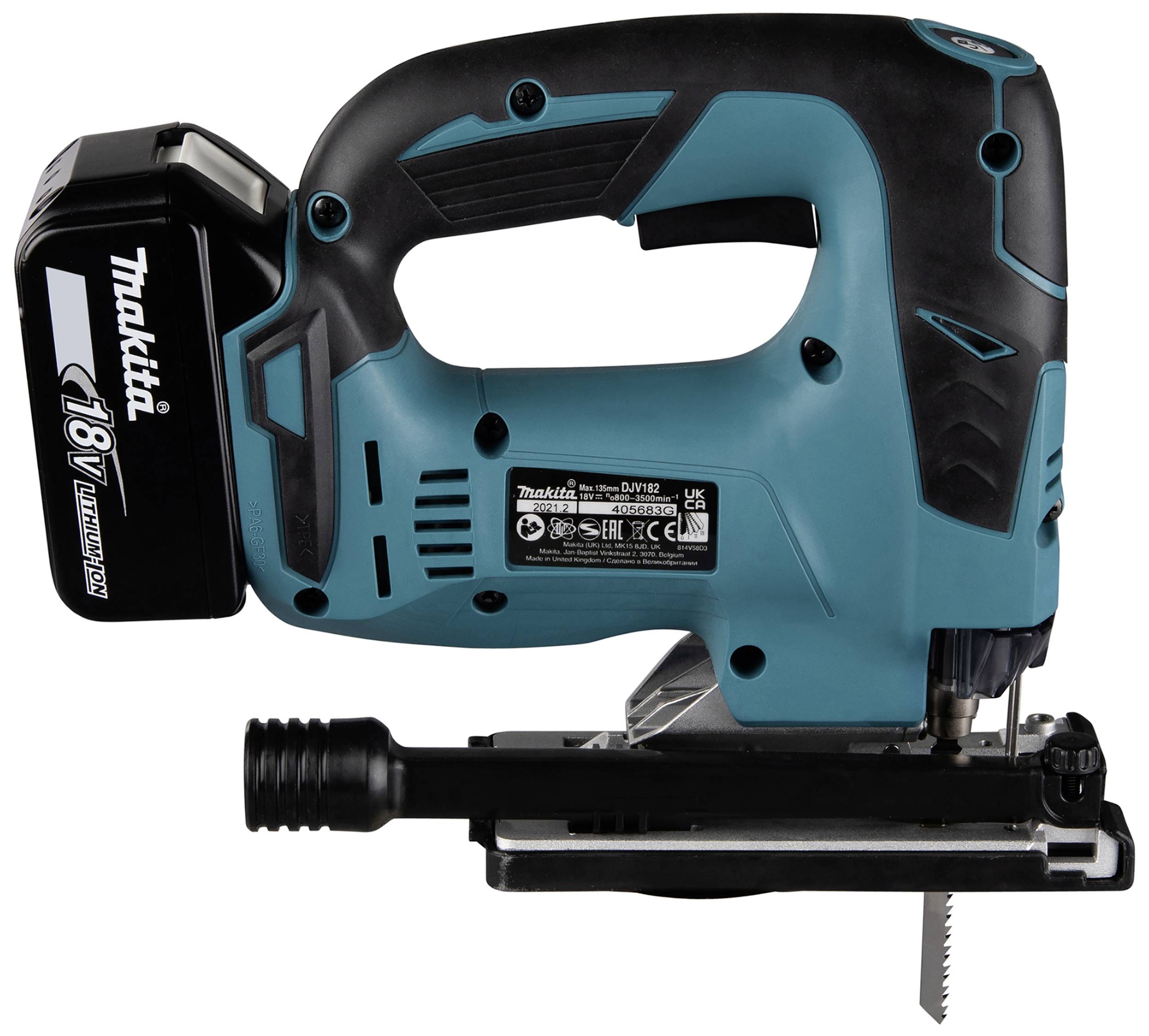 A cordless jigsaw by Makita with an 18V battery, suitable for precise sawing in wood and metal, with an ergonomic design.