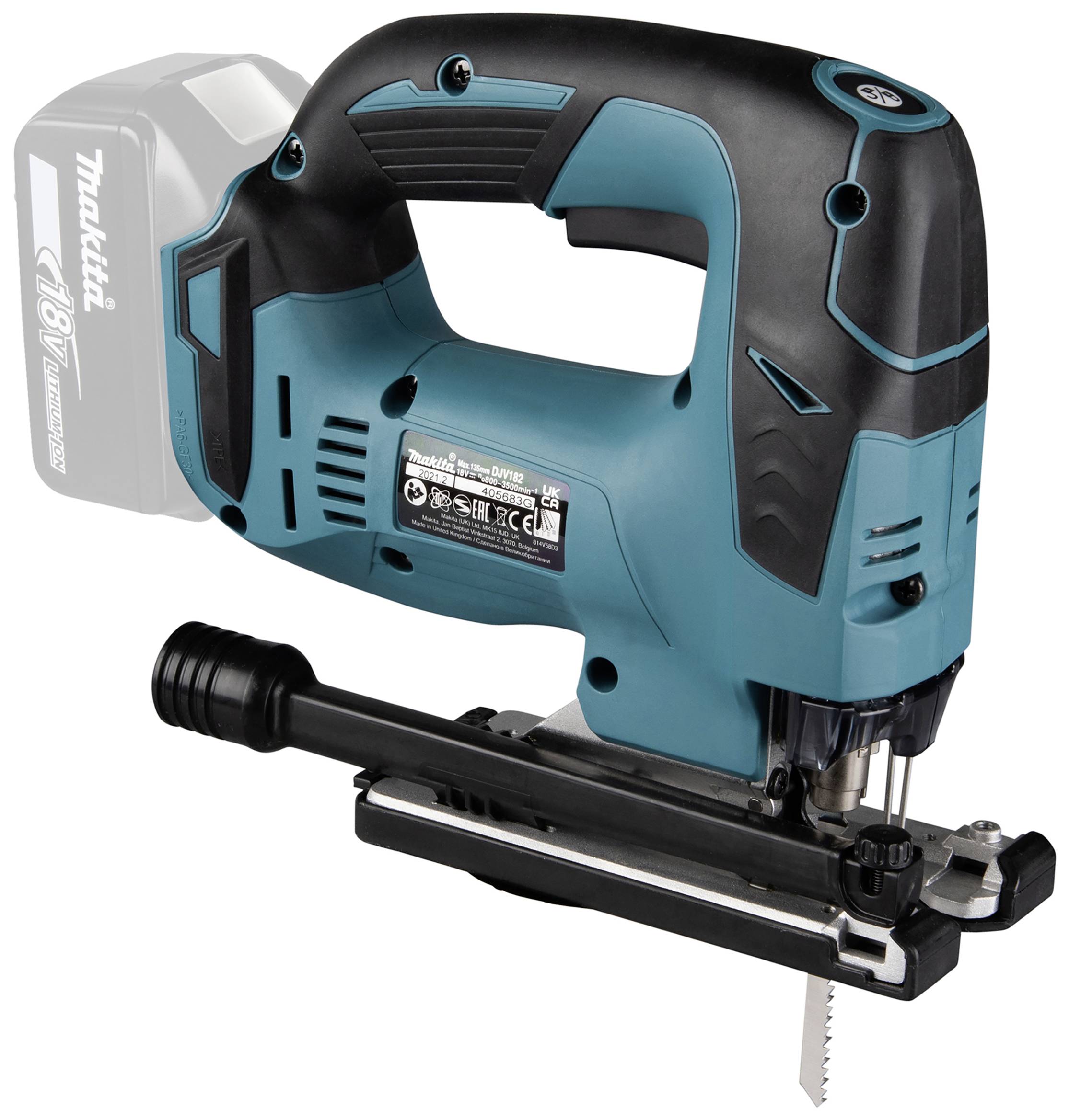 A blue cordless jigsaw by Makita is shown from the side. The saw is pictured without a battery, featuring a black handle and cutting tool.