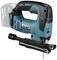 A blue cordless jigsaw by Makita is shown from the side. The saw is pictured without a battery, featuring a black handle and cutting tool.