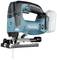 'Acoustic saw with blue and black elements, featuring a handle and saw blade, Makita brand, battery area highlighted.'