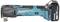 Battery-powered multi-tool in blue and black, side view. It has a sanding head and is from the Makita brand.