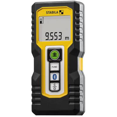 Handheld distance measuring device with digital display showing '9.553 m'. Control buttons underneath, housing in yellow and black.