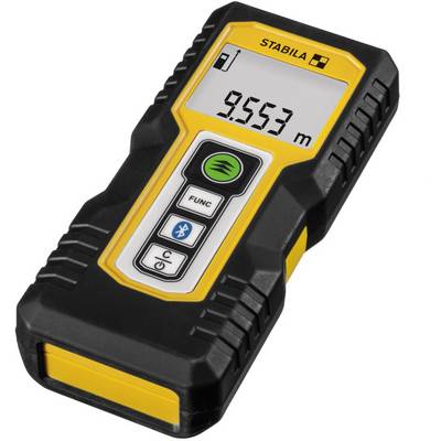Hand-held laser distance meter displays '9.553 m' on the screen to measure distances precisely. Buttons for Bluetooth and function.