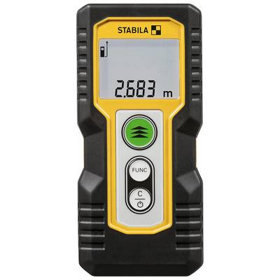 Electronic measuring device with display showing '2.683 m', buttons, and brand logo at the top. Shows measured distance.