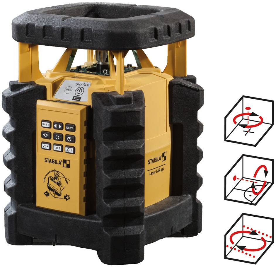 A yellow laser levelling device with control elements and instructions for multi-directional use.