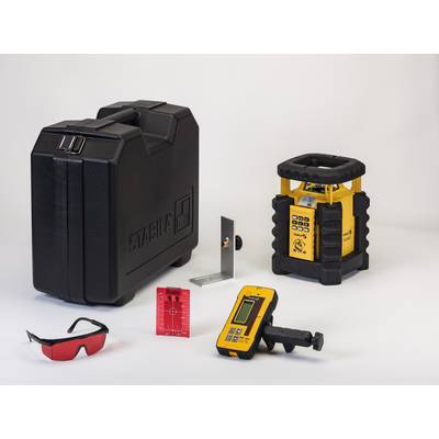 Baulaser Set: Black transport case, rotating laser, receiver, red specialist glasses and additional accessories on white background.