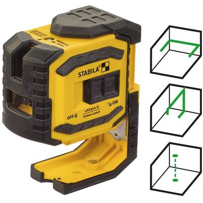 A yellow and black laser angle measurer with 'OFF', 'ON', and 'STABILA' printed on it. To the right, three green lines are shown in cubes.