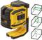 A yellow and black laser angle measurer with 'OFF', 'ON', and 'STABILA' printed on it. To the right, three green lines are shown in cubes.