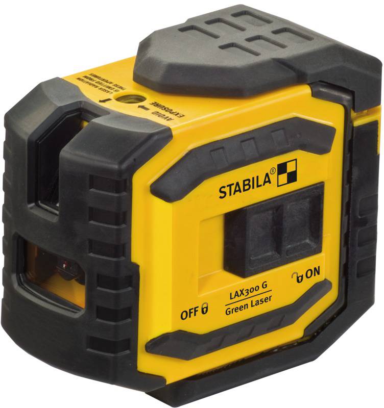 Yellow laser device with black border, marked 'STABILA'. On/Off switch. Model 'LAX300 G' with green laser.