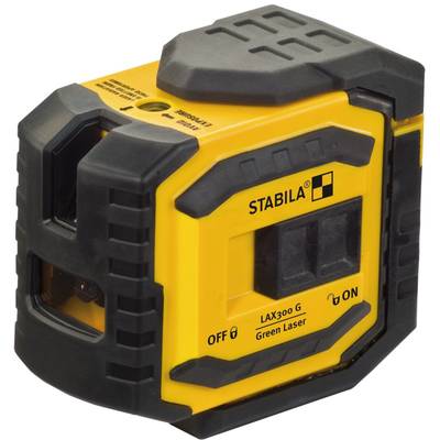 Yellow laser device with black border, marked 'STABILA'. On/Off switch. Model 'LAX300 G' with green laser.