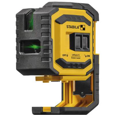 Yellow and black measuring device with a green laser, 'STABILA LAX 300 G' label visible. Device is switched on, suitable for precise measurement.