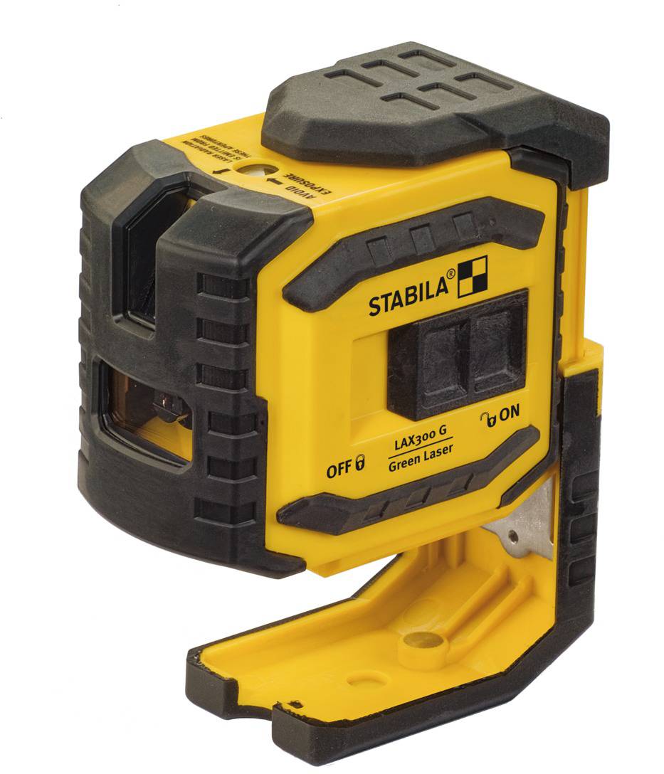 A yellow and black rotating laser from a brand, switched on, with switch and brand labelling visible.