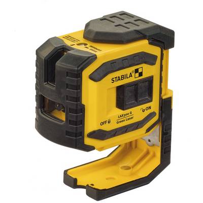 A yellow and black rotating laser from a brand, switched on, with switch and brand labelling visible.