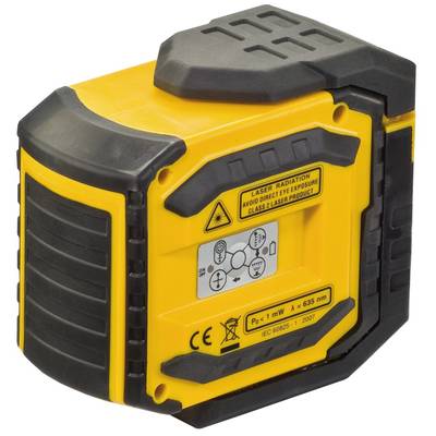 A yellow laser levelling device with black details, displaying warning notices and technical specifications on the side.