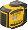 A yellow laser levelling device with black details, displaying warning notices and technical specifications on the side.