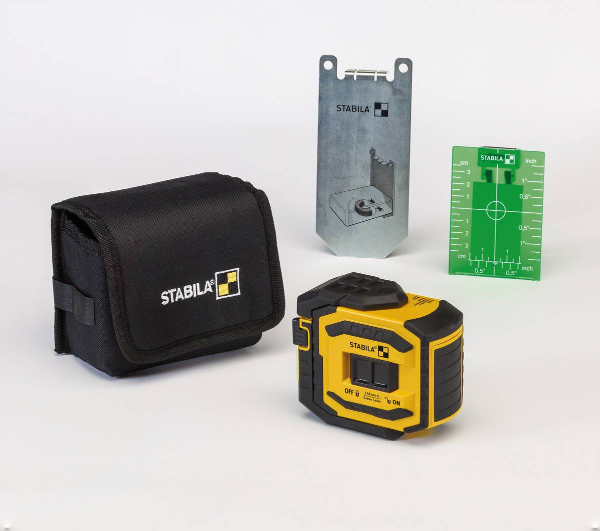 A yellow laser distance measuring device by 'Stabila' with accessories: black carry case, metal mounting bracket, and green target plate.