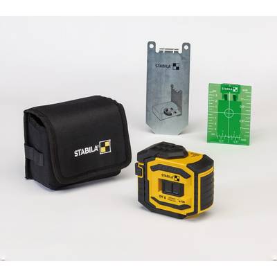 A yellow laser distance measuring device by 'Stabila' with accessories: black carry case, metal mounting bracket, and green target plate.