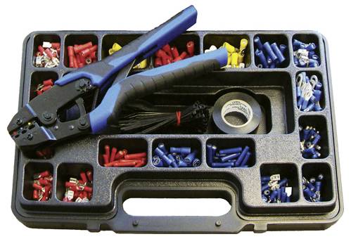 A kit with various colored electrical connectors, a blue-handled crimping tool, zip ties, and tape, organized in a black case.