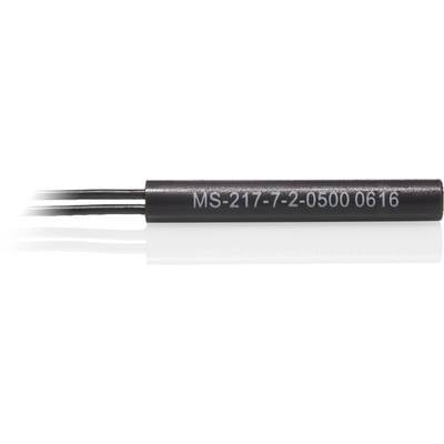 A black cylindrical sensor with the inscription 'MS-217-2-0500 0616', with two cables protruding.