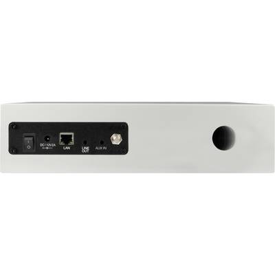 Back of an electronic device with connections: power switch, power socket, LAN port, line-out, aux-in and a circular ventilation opening.