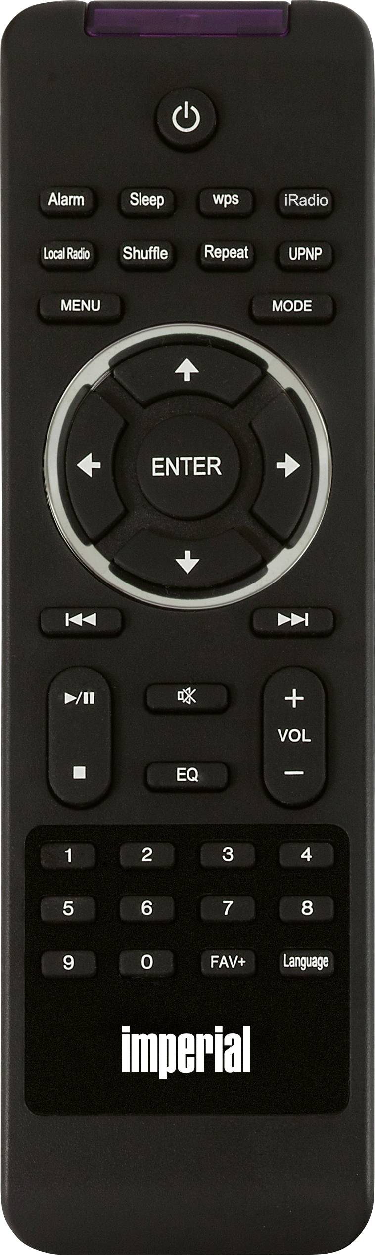 A black remote control with buttons for volume, playback, mode, and navigation by "imperial".