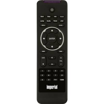 A black remote control with buttons for volume, playback, mode, and navigation by "imperial".