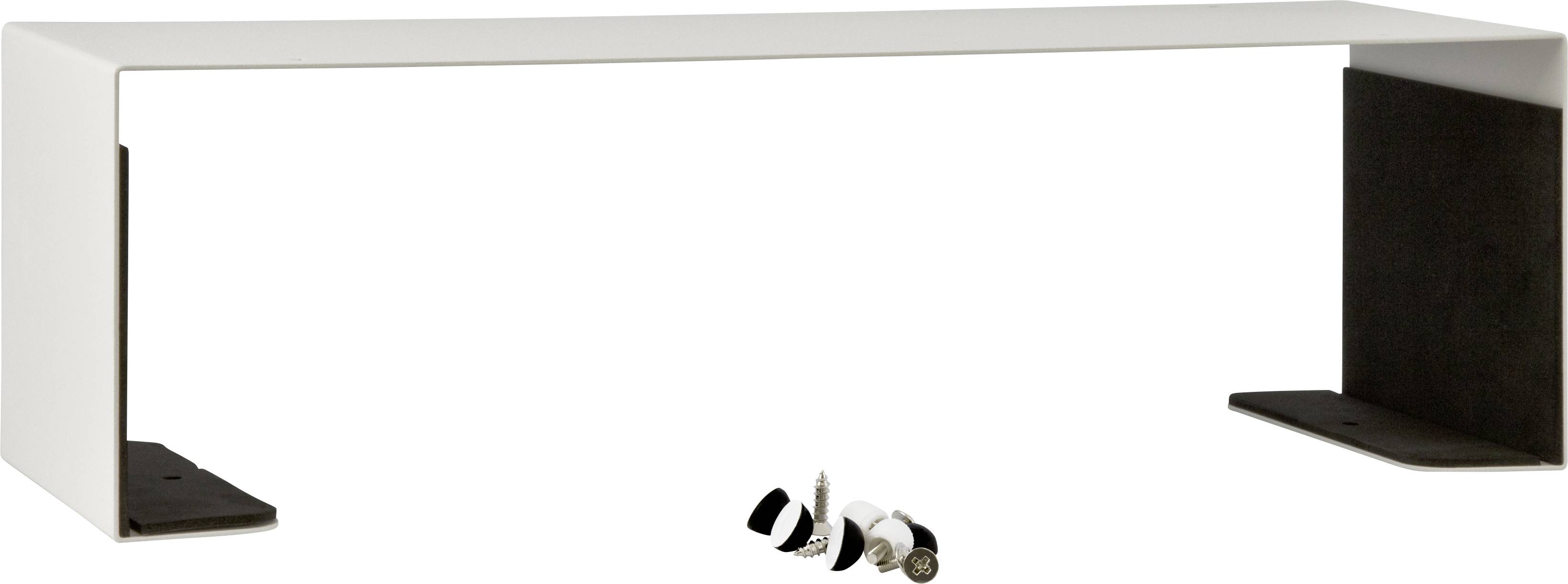 A white, rectangular metal tray with two black supports. Underneath are five small, round magnets in various colours.