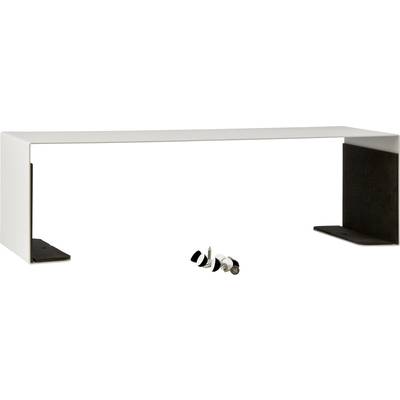 A white, rectangular metal tray with two black supports. Underneath are five small, round magnets in various colours.