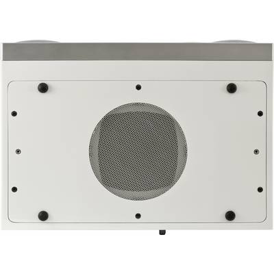 A white air filter with a central round ventilation grille, surrounded by several small screws for mounting.