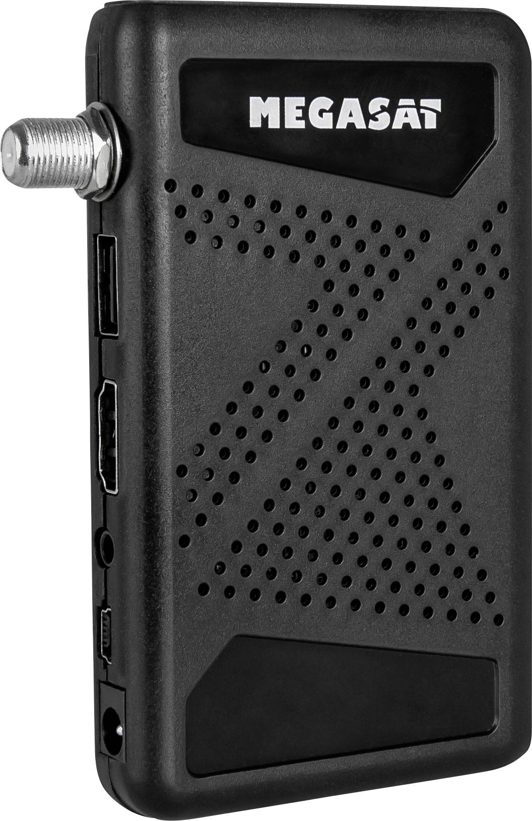 A black Megasat device with a coaxial input and various ports, including HDMI, USB, and audio, used for satellite or digital connections.