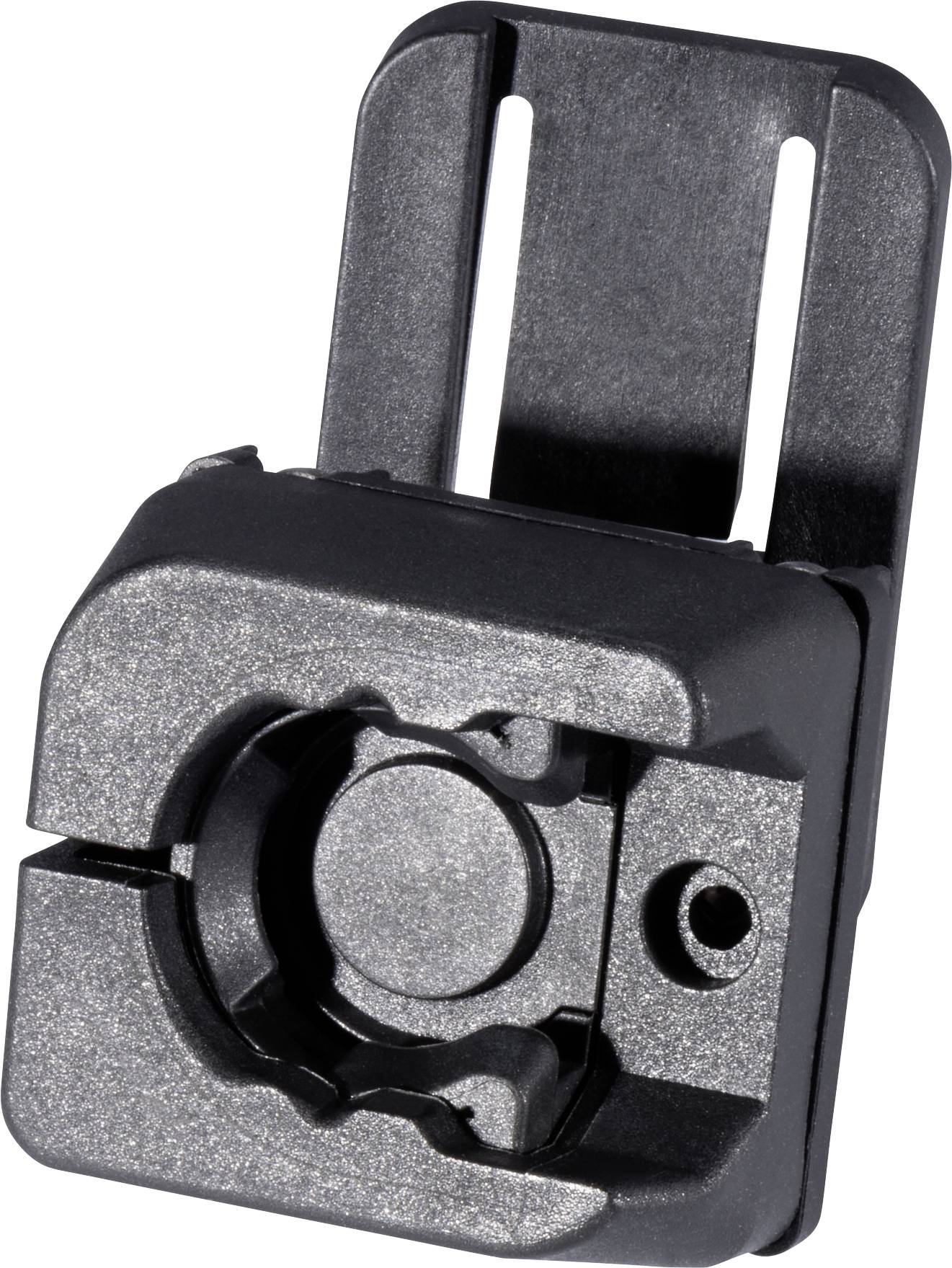 Black plastic mounting bracket with integrated clip system, for attachment to straps or belt.