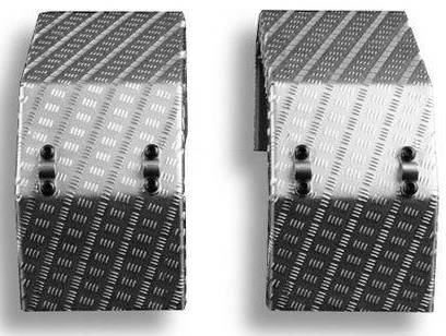 Two metal angles, each with a diagonal striped pattern and four visible screws. They are arranged side by side.