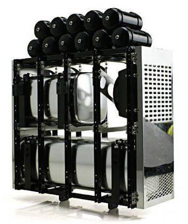 A hydrogen fuel cell system with multiple silver cylinders, stacked in a black frame.