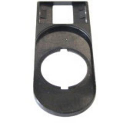 A black plastic component with a large round and a smaller rectangular cutout. Could belong to an electronic device.
