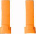 Two orange plastic caps, standing side by side, possibly covers for pens or markers.