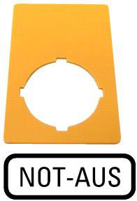 An orange sign with a circular cut-out in the middle. Below it, a black-bordered rectangle with the text 'EMERGENCY STOP'.
